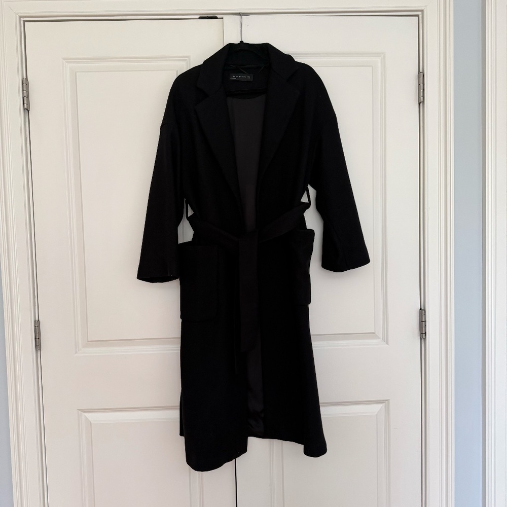 ZARA ZW Collection Manteco Wool Coat – Black Long Belted Coat – Size S